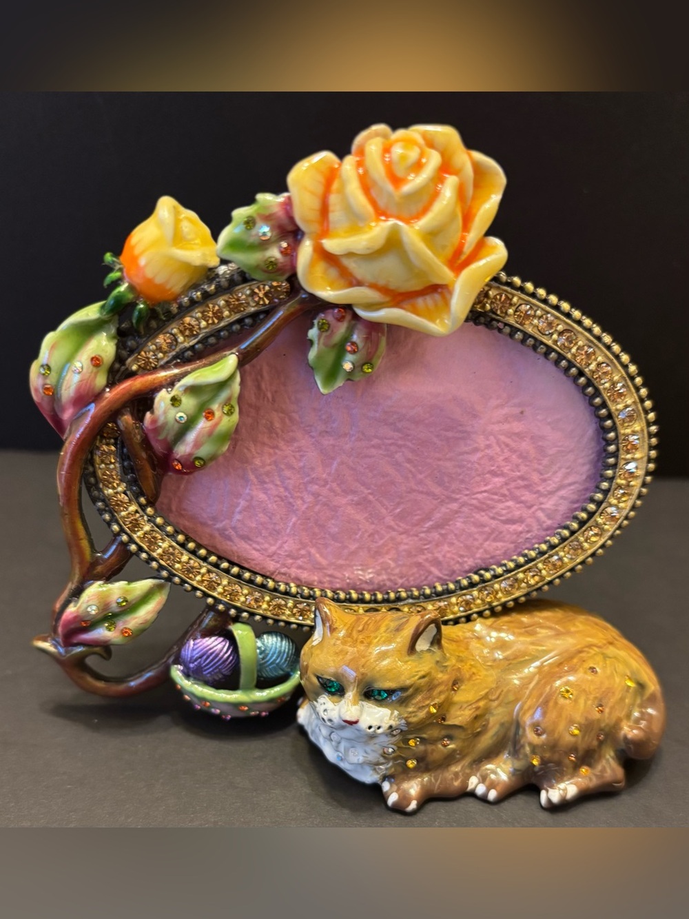 Rucinni Cat Photo Frame 2005 Jeweled Enamel Roses Yarn Basket Tabletop Frame